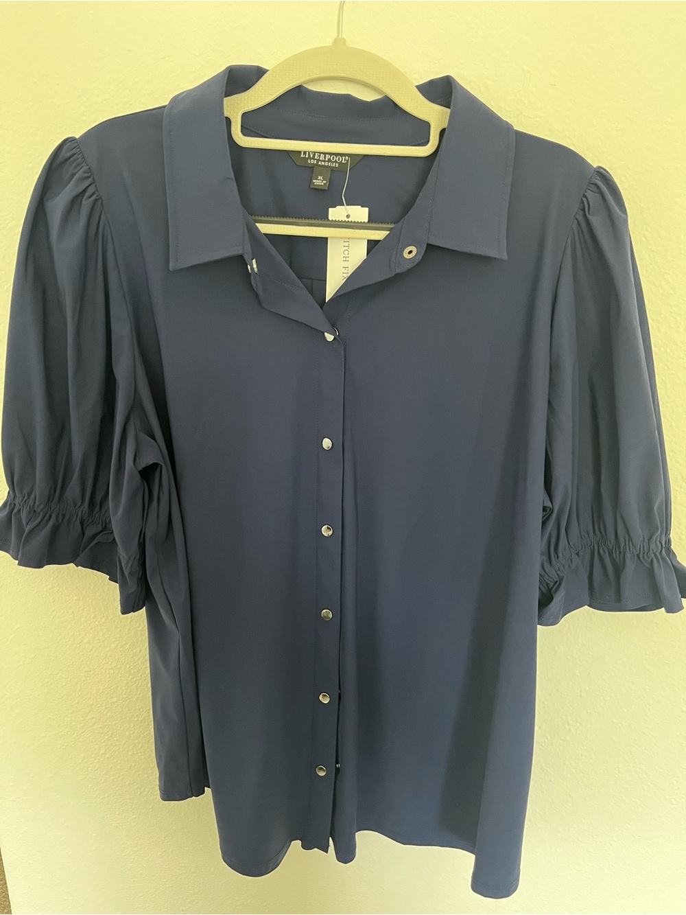 Liverpool Navy Puff-Sleeve Button-Down Blouse